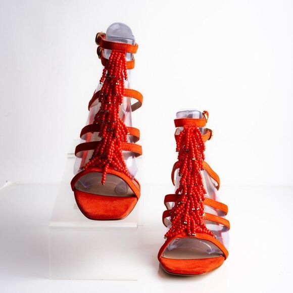Boden Womens Suede Sandals Heels Orange Strappy Beaded Open Toe US 7 EU 38 - Picture 4 of 11